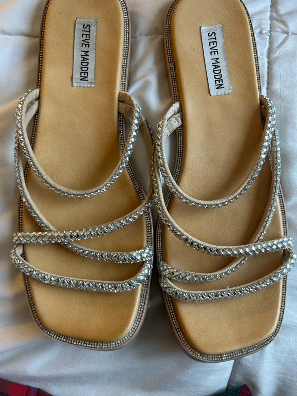 Steve Madden Beige-Tan Sandals with Silver Crystal Straps